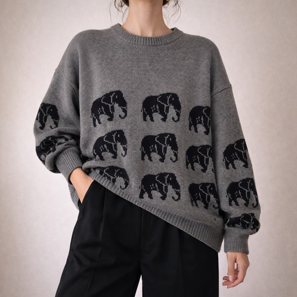 Vintage Sweaters - Vintage Elephant Pattern Knit Sweater Pullover Black Grey Size Medium Large